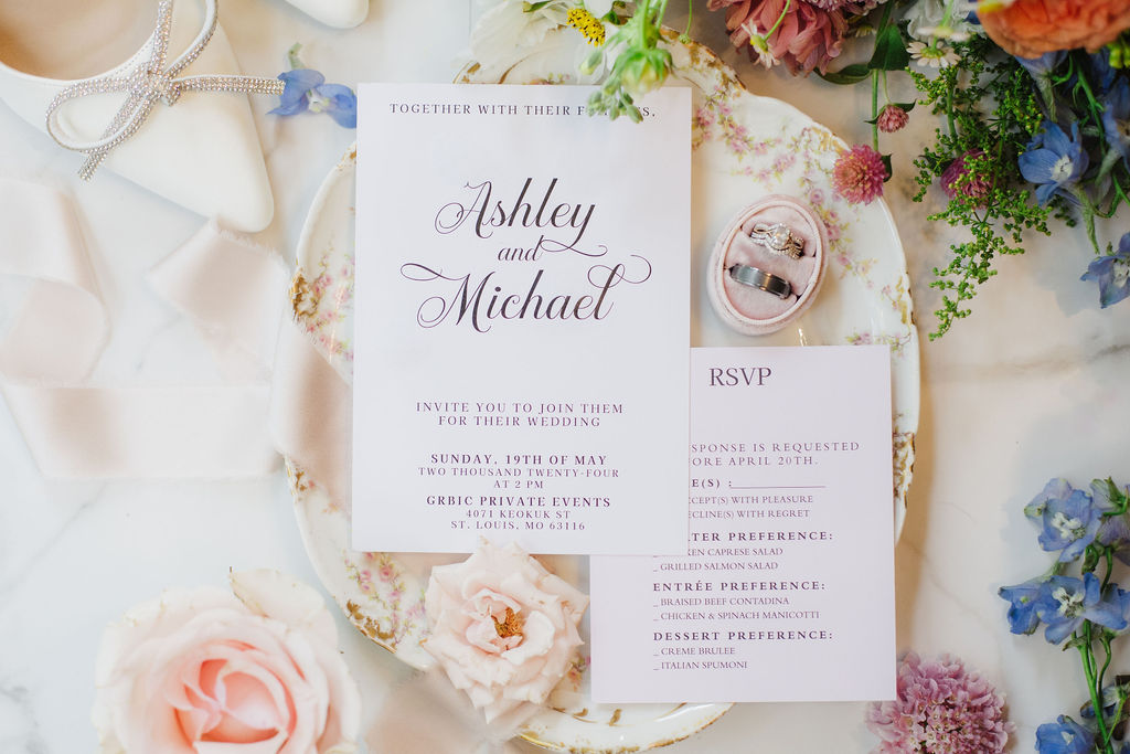 Wedding flatlay with flowers by St. Louis Wedding Florist, SunCrest Blooms